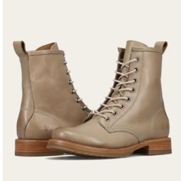 $399 Frye Veronica Combat Real Tan Ash Suede Leather Lace Up Moto Low Heel Boot - Picture 2 of 7